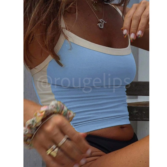 Blue Crop Top Tank, White Binding Trim - Picture 3 of 7